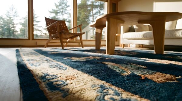 Blue small scatter size rectangle knotted chinese - peking 1920s wool antique rug 10 Blue small scatter size rectangle knotted chinese - peking 1920s wool antique rug (sku 25336) - in-room detail