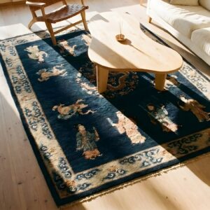 Blue Small Scatter Size Rectangle Knotted Chinese - Peking 1920s Wool Antique Rug (SKU 25336) - styled overhead view