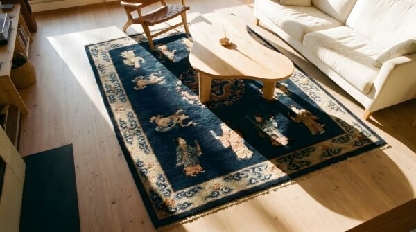 Blue small scatter size rectangle knotted chinese - peking 1920s wool antique rug 2 Blue small scatter size rectangle knotted chinese - peking 1920s wool antique rug (sku 25336) - styled overhead view