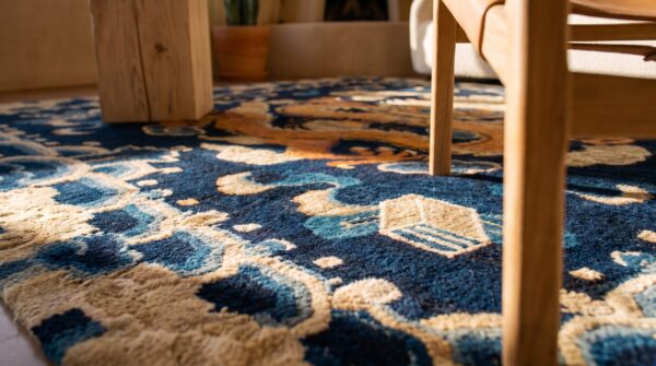 Blue antique small scatter size square chinese dragon cloud band ningxia rug 11 Blue antique small scatter size square chinese dragon cloud band ningxia rug (sku 25091) - in-room detail