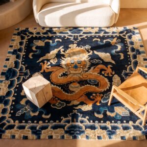 Blue Antique Small Scatter Size Square Chinese Dragon Cloud Band Ningxia Rug (SKU 25091) - styled overhead view