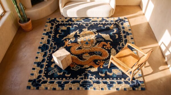 Blue antique small scatter size square chinese dragon cloud band ningxia rug 2 Blue antique small scatter size square chinese dragon cloud band ningxia rug (sku 25091) - styled overhead view