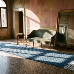 Blue Stripped Antique Huge Oversized Flat Weave Indian Dhurrie Rug (SKU 25048) - room view