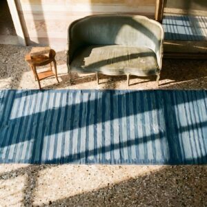 Blue Stripped Antique Huge Oversized Flat Weave Indian Dhurrie Rug (SKU 25048) - styled overhead view