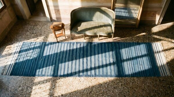 Blue stripped antique huge oversized flat weave indian dhurrie rug 2 Blue stripped antique huge oversized flat weave indian dhurrie rug (sku 25048) - styled overhead view
