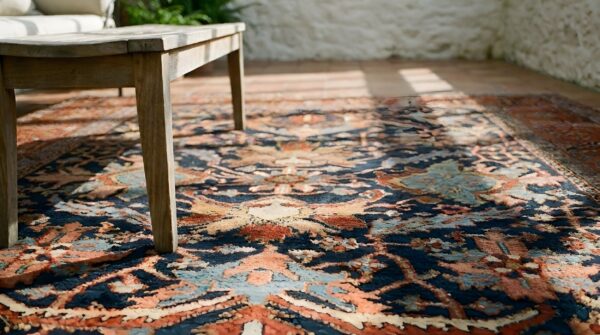 Blue tribal allover design antique late 19th century persian serapi heriz rug 8 Blue tribal allover design antique late 19th century persian serapi heriz rug (sku 25357) - in-room detail