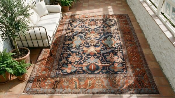 Blue tribal allover design antique late 19th century persian serapi heriz rug 2 Blue tribal allover design antique late 19th century persian serapi heriz rug (sku 25357) - styled overhead view