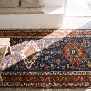 Antique Blue Tribal Caucasian Shirvan Hallway Runner Rug (SKU 22529) - styled overhead view