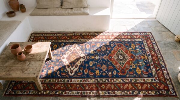 Antique blue tribal caucasian shirvan hallway runner rug 2 Antique blue tribal caucasian shirvan hallway runner rug (sku 22529) - styled overhead view