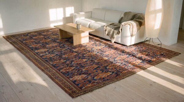 Blue tribal design mid 19th century antique turkish oushak rug (sku 25079) - room view