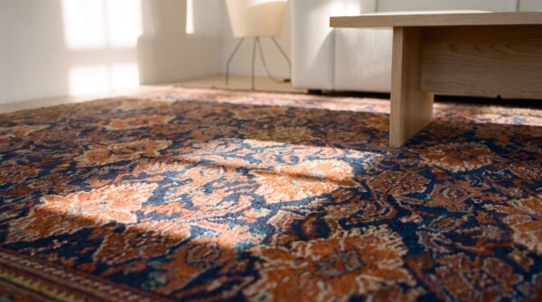 Blue tribal design mid 19th century antique turkish oushak rug (sku 25079) - in-room detail