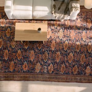 Blue Tribal Design Mid 19th Century Antique Turkish Oushak Rug (SKU 25079) - styled overhead view
