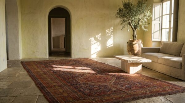 Blue tribal design antique persian khamse long and narrow gallery size rug 6 Blue tribal design antique persian khamse long and narrow gallery size rug (sku 18202) - room view