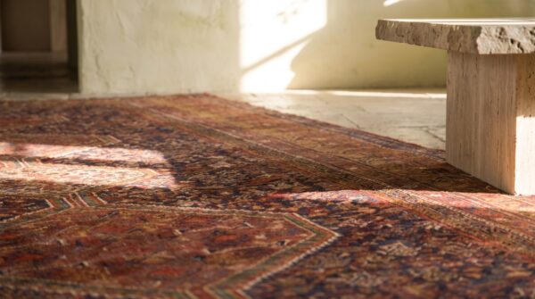 Blue tribal design antique persian khamse long and narrow gallery size rug 7 Blue tribal design antique persian khamse long and narrow gallery size rug (sku 18202) - in-room detail