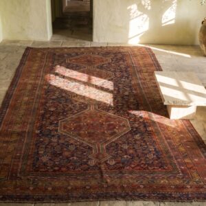 Blue Tribal Design Antique Persian Khamse Long and Narrow Gallery Size Rug (SKU 18202) - styled overhead view
