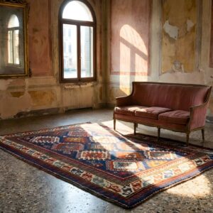 Blue Tribal Geometric Allover Design Antique Caucasian Kazak Rug (SKU 23929) - room view