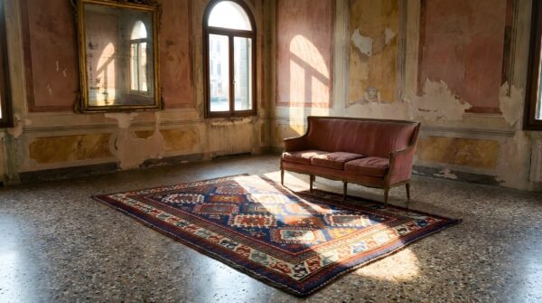 Blue tribal geometric allover design antique caucasian kazak rug 12 Blue tribal geometric allover design antique caucasian kazak rug (sku 23929) - room view
