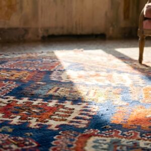 Blue Tribal Geometric Allover Design Antique Caucasian Kazak Rug (SKU 23929) - in-room detail