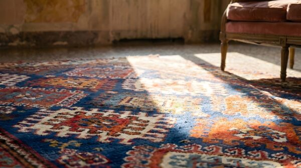 Blue tribal geometric allover design antique caucasian kazak rug 13 Blue tribal geometric allover design antique caucasian kazak rug (sku 23929) - in-room detail