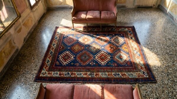 Blue tribal geometric allover design antique caucasian kazak rug 2 Blue tribal geometric allover design antique caucasian kazak rug (sku 23929) - styled overhead view