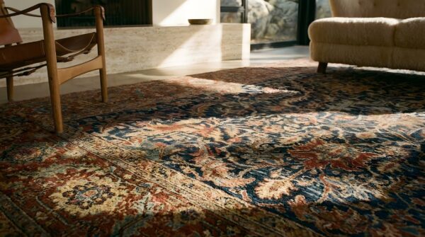 Blue antique tribal geometric allover design persian serapi heriz room size rug 9 Blue antique tribal geometric allover design persian serapi heriz room size rug (sku 23769) - in-room detail