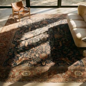 Blue Antique Tribal Geometric Allover Design Persian Serapi Heriz Room Size Rug (SKU 23769) - styled overhead view