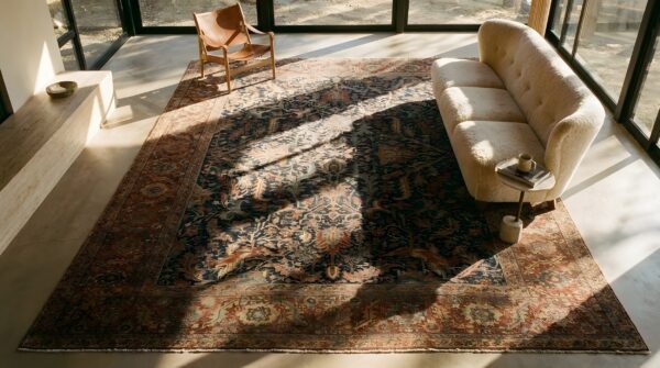 Blue antique tribal geometric allover design persian serapi heriz room size rug 2 Blue antique tribal geometric allover design persian serapi heriz room size rug (sku 23769) - styled overhead view