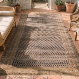 Blue Tribal Geometric Design Antique Long and Narrow Persian Malayer Galley Rug (SKU 21786) - styled overhead view