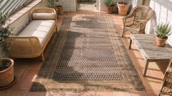 Blue tribal geometric design antique long and narrow persian malayer galley rug (sku 21786) - styled overhead view