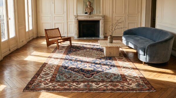 Blue antique tribal geometric medallion pattern persian room size malayer rug 7 Blue antique tribal geometric medallion pattern persian room size malayer rug (sku 22028) - room view