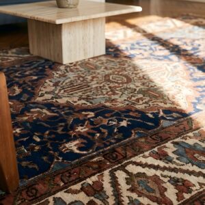Blue Antique Tribal Geometric Medallion Pattern Persian Room Size Malayer Rug (SKU 22028) - in-room detail