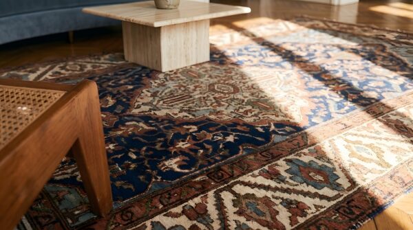 Blue antique tribal geometric medallion pattern persian room size malayer rug 8 Blue antique tribal geometric medallion pattern persian room size malayer rug (sku 22028) - in-room detail