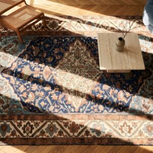 Blue Antique Tribal Geometric Medallion Pattern Persian Room Size Malayer Rug (SKU 22028) - styled overhead view