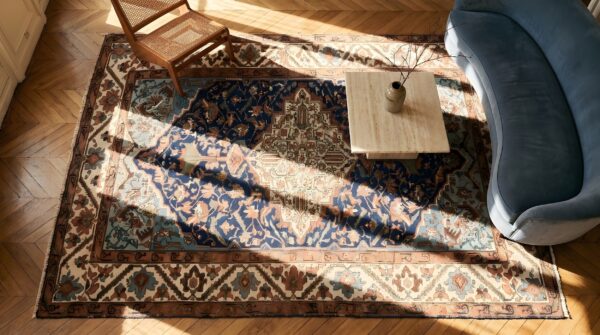 Blue antique tribal geometric medallion pattern persian room size malayer rug 2 Blue antique tribal geometric medallion pattern persian room size malayer rug (sku 22028) - styled overhead view