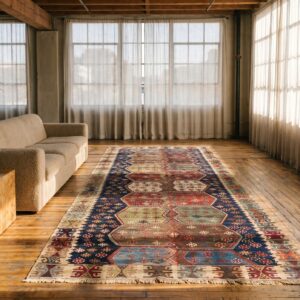 Blue Antique Tribal Geometric Mid 19th Century Turkish Kilim Long and Narrow Size Flatweave Rug (SKU 19413) - room view