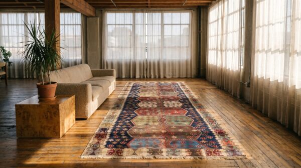 Blue antique tribal geometric mid 19th century turkish kilim long and narrow size flatweave rug 5 Blue antique tribal geometric mid 19th century turkish kilim long and narrow size flatweave rug (sku 19413) - room view