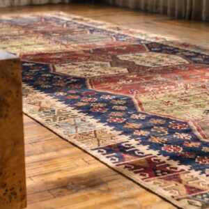 Blue Antique Tribal Geometric Mid 19th Century Turkish Kilim Long and Narrow Size Flatweave Rug (SKU 19413) - in-room detail
