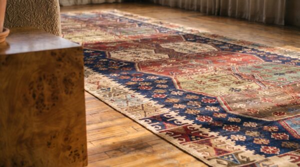 Blue antique tribal geometric mid 19th century turkish kilim long and narrow size flatweave rug 6 Blue antique tribal geometric mid 19th century turkish kilim long and narrow size flatweave rug (sku 19413) - in-room detail
