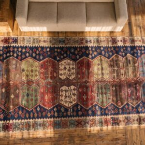 Blue Antique Tribal Geometric Mid 19th Century Turkish Kilim Long and Narrow Size Flatweave Rug (SKU 19413) - styled overhead view