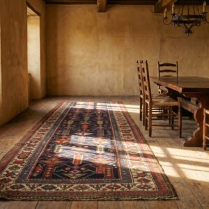 Blue Tribal Geometric Antique Northwest Persian Hand Knotted Hallway Runner Rug (SKU 18963) - styled overhead view
