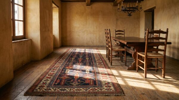 Blue tribal geometric antique northwest persian hand knotted hallway runner rug 2 Blue tribal geometric antique northwest persian hand knotted hallway runner rug (sku 18963) - styled overhead view