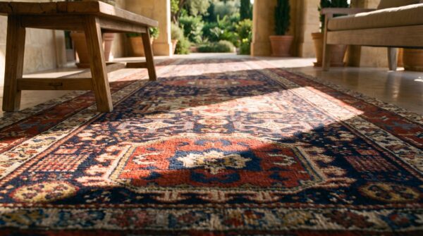 Antique blue tribal geometric wool pile northwest persian hallway runner rug 8 Antique blue tribal geometric wool pile northwest persian hallway runner rug (sku 21799) - in-room detail