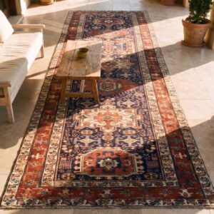 Antique Blue Tribal Geometric Wool Pile Northwest Persian Hallway Runner Rug (SKU 21799) - styled overhead view