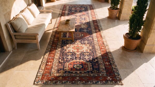 Antique blue tribal geometric wool pile northwest persian hallway runner rug 2 Antique blue tribal geometric wool pile northwest persian hallway runner rug (sku 21799) - styled overhead view