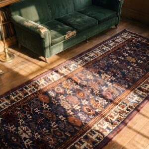 Antique Blue Tribal Geometric NW Persian Hallway Runner Rug (SKU 22070) - styled overhead view