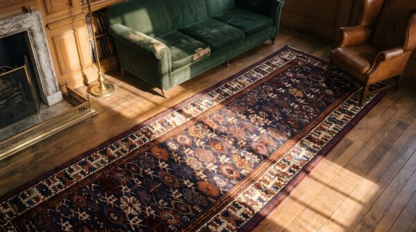 Antique blue tribal geometric nw persian hallway runner rug 2 Antique blue tribal geometric nw persian hallway runner rug (sku 22070) - styled overhead view
