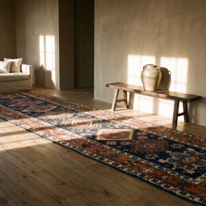 Antique Blue Tribal Geometric Persian Serapi Heriz Hallway Runner Rug (SKU 24823) - room view