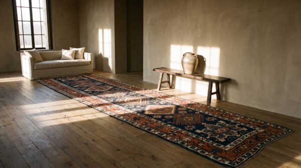 Antique blue tribal geometric persian serapi heriz hallway runner rug 6 Antique blue tribal geometric persian serapi heriz hallway runner rug (sku 24823) - room view
