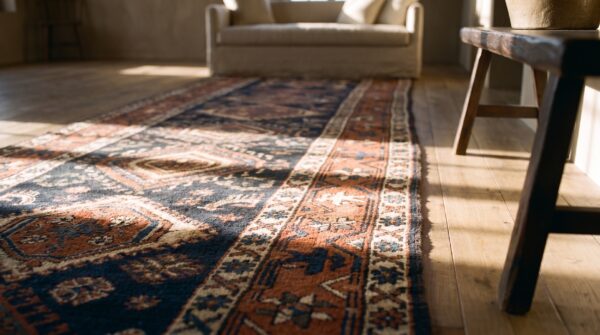 Antique blue tribal geometric persian serapi heriz hallway runner rug 7 Antique blue tribal geometric persian serapi heriz hallway runner rug (sku 24823) - in-room detail
