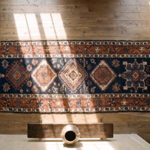 Antique Blue Tribal Geometric Persian Serapi Heriz Hallway Runner Rug (SKU 24823) - styled overhead view